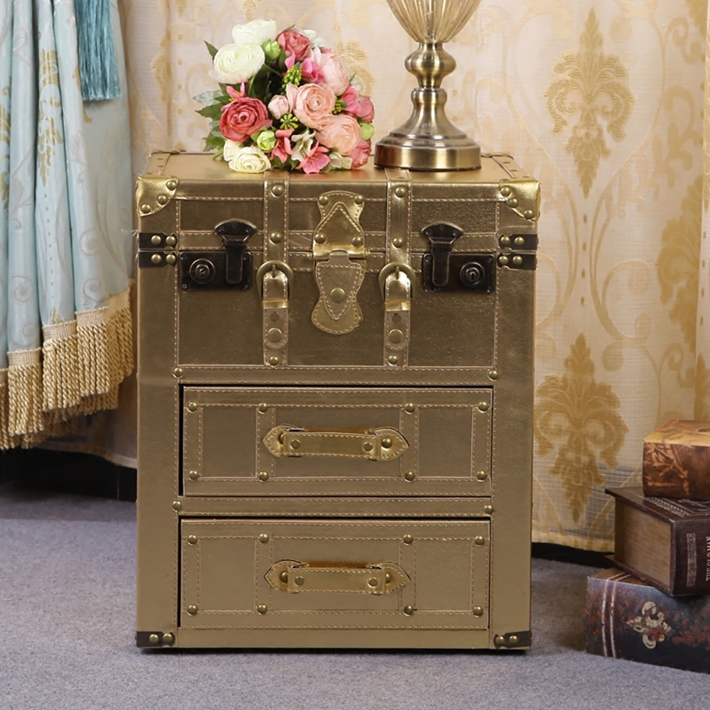 Industrial Gold Nightstand with 2 Drawers & Lift Top Storage Bedside Table window image