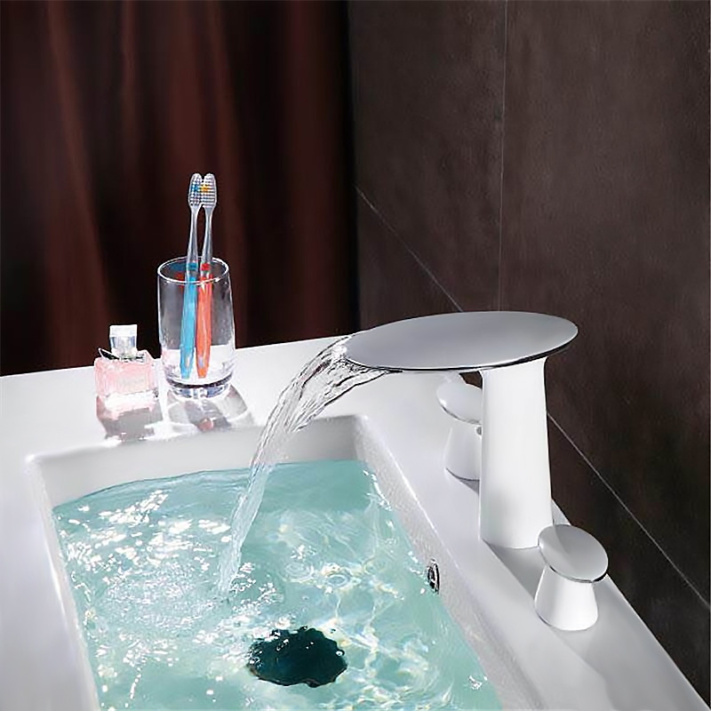 Pene Contemporary Widespread Waterfall Solid Brass Bathroom Sink Faucet Double Lever Handle Finished in White with a Pinch of Chrome window image