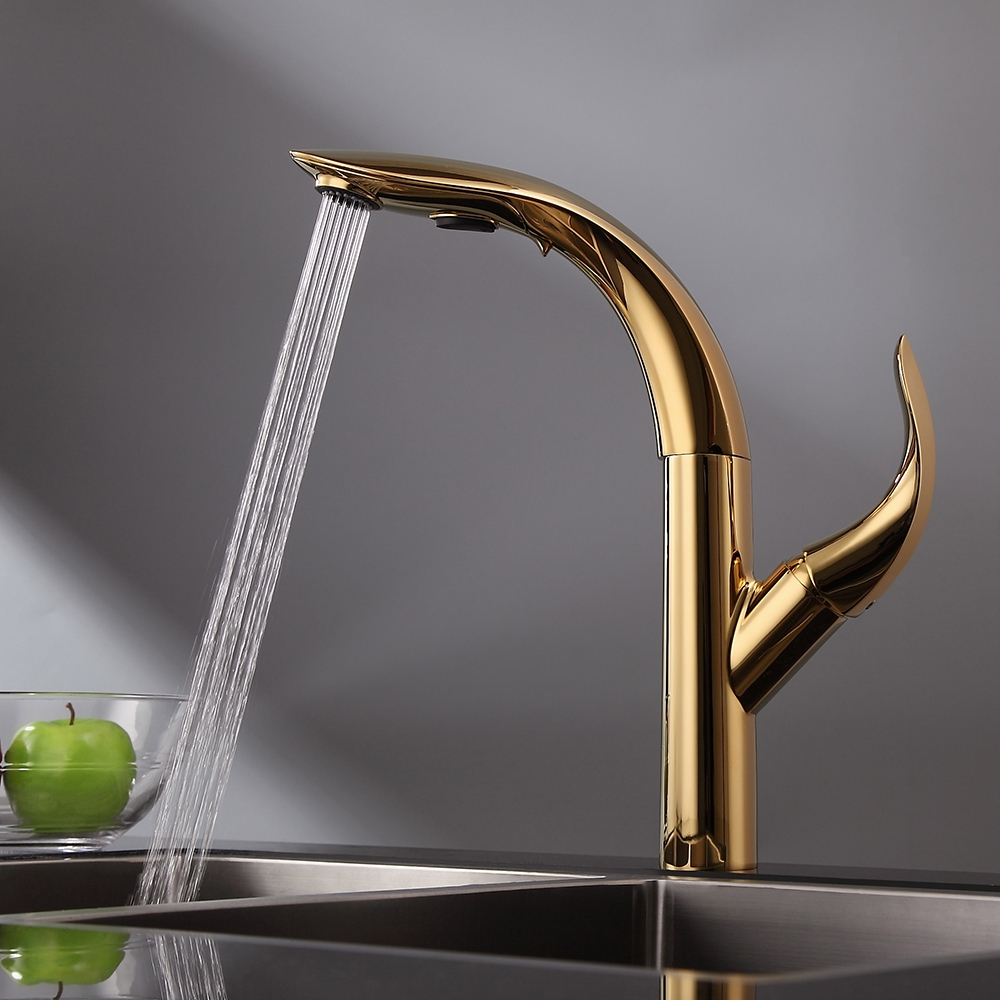 Zime Luxurious Gold 2-Function Pull Down Swivel Kitchen Faucet Single Handle Zinc Alloy Faucet window image
