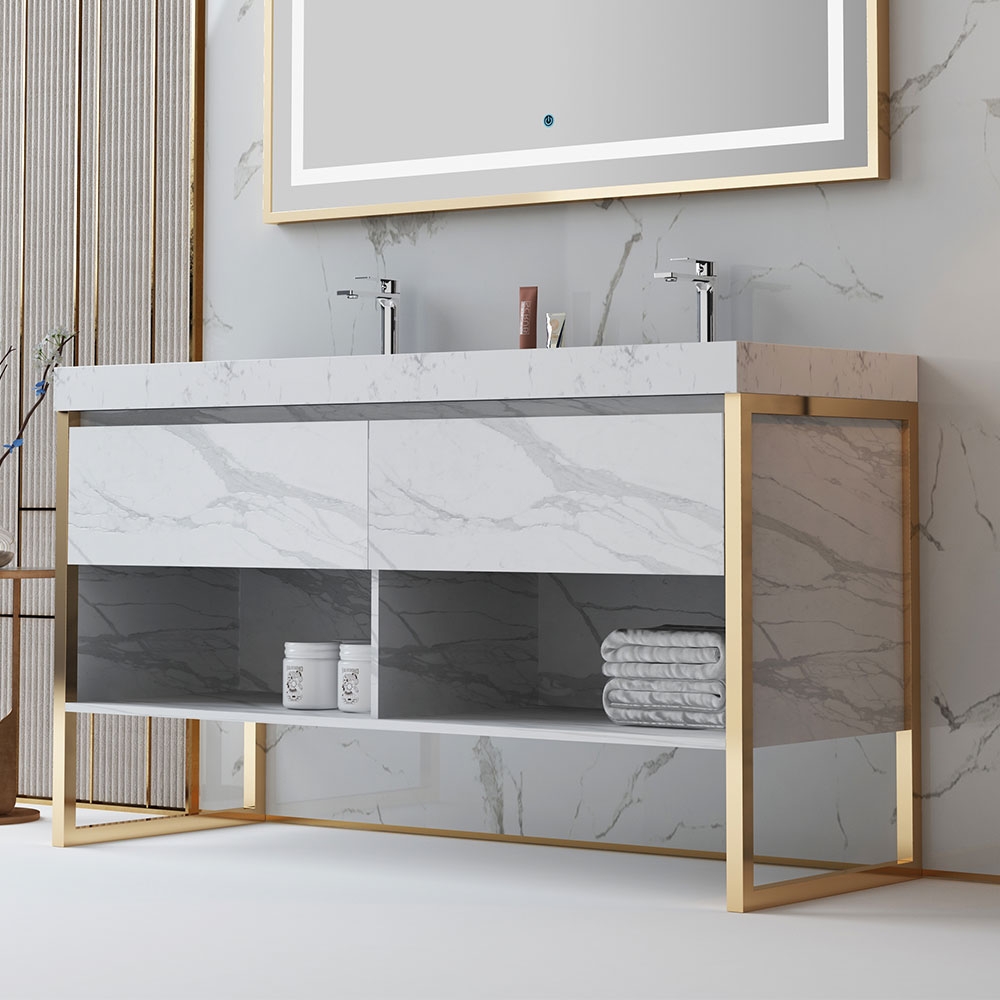 Modern White Double Sink Freestanding Bathroom Vanity Marble with Drawers window image