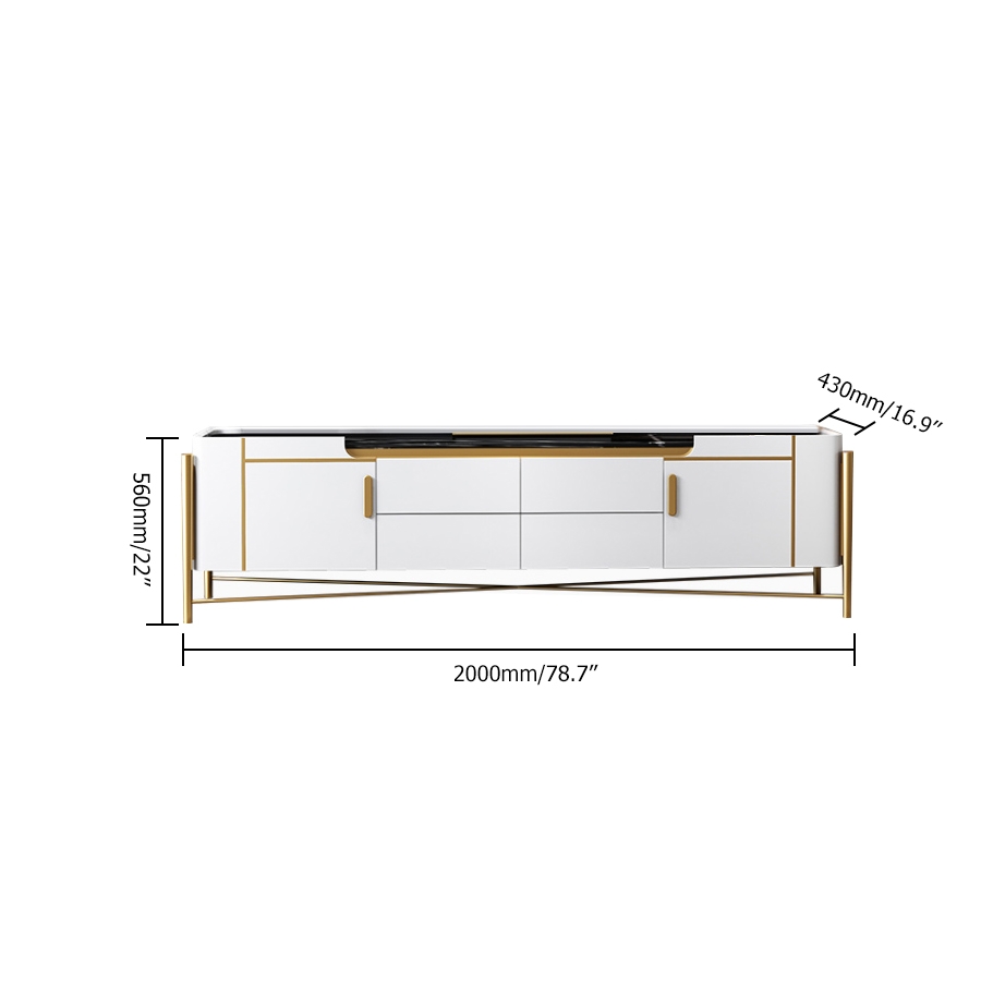 Meuble TV blanc et noir pour téléviseurs jusqu'à 75 pouces en or avec rangement supérieur en faux marbre, 2 portes et 4 tiroirs image de fenêtre