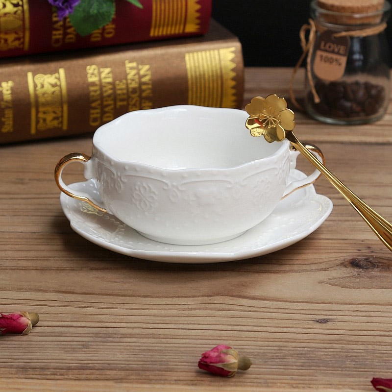 Modern Minimalist Round Embossed Bowl White Ceramic Gold Handles Soup Bowl with Saucer & Spoon Set of 2 window image