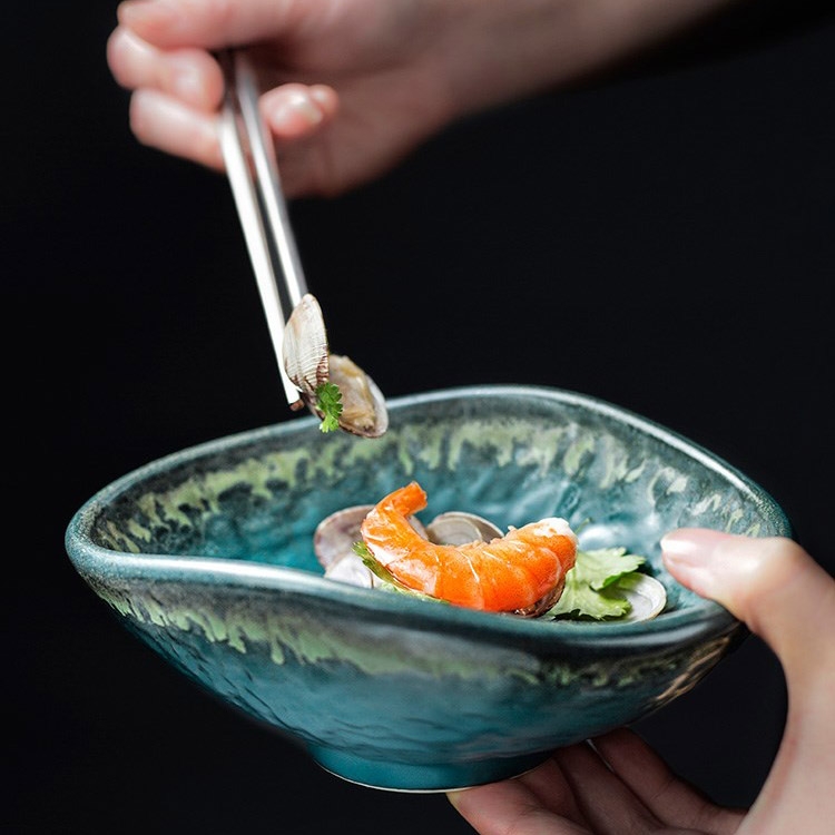 Vintage Irregular 6.6" Pottery Salad Bowls Handcrafted Glaze Ramen Bowl Set of 2 Green window image