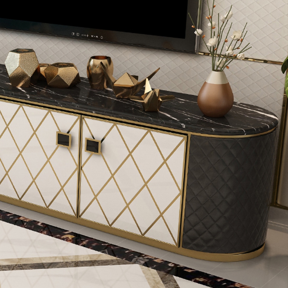 Contemporary Oval Coffee&White TV Stand Faux Marble Top Media Console with Doors for TVs up to 85" window image