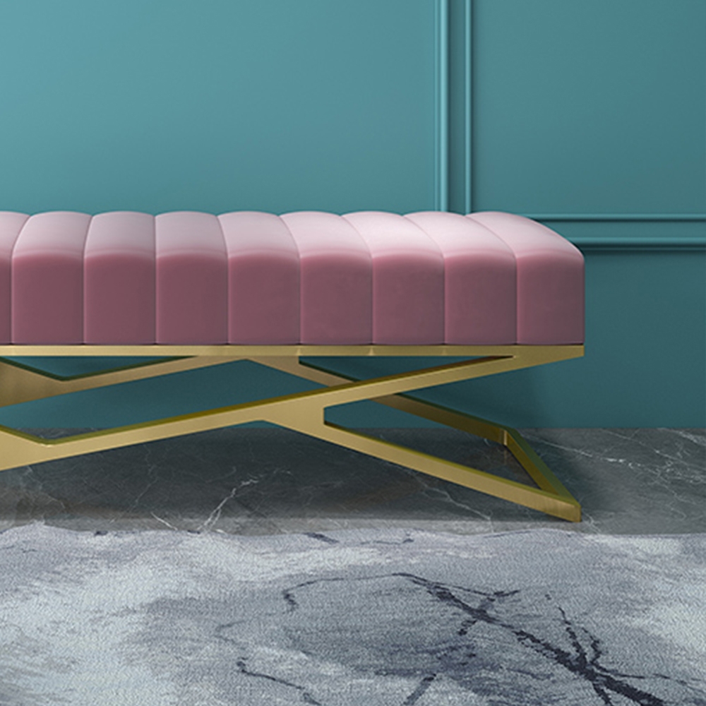 Modern Entryway Bench Pink Velvet Upholstered Ottoman Bench in Gold window image