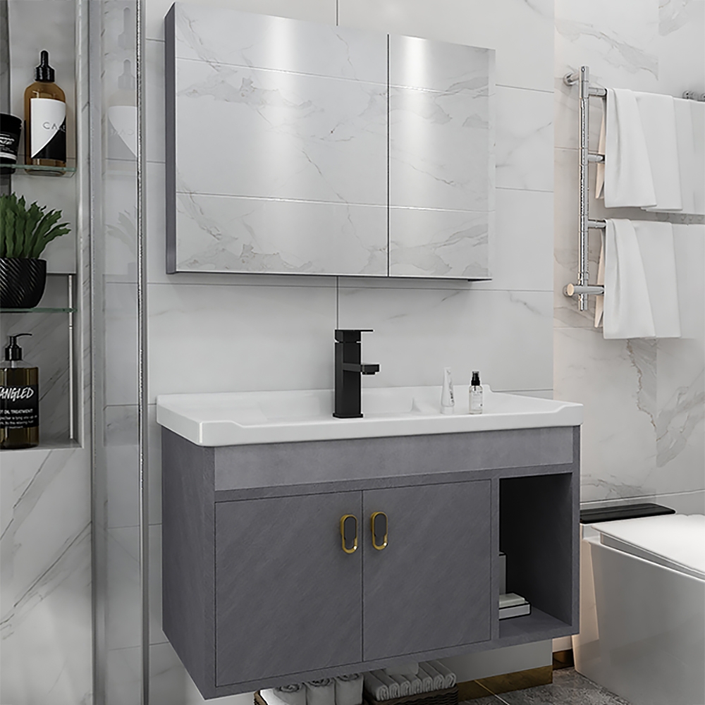 32" Gray Floating Single Vanity with Ceramic Top Bathroom Cabinet with Door window image