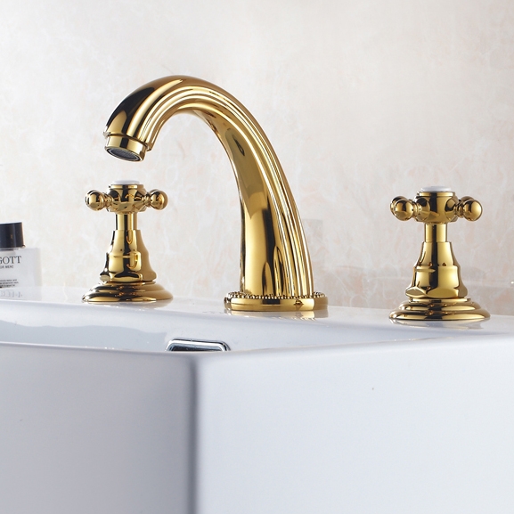 Suex Traditional Double Cross Handle 3-Hole Bathroom Basin Mixer Tap Solid Brass in Gold window image