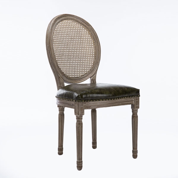 French Farmhouse Wood Dining Chairs Cane Back Dining Chair Faux Leather Upholstered Dining Chair window image