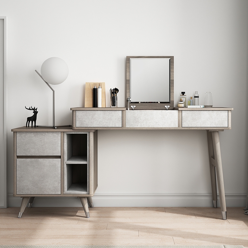 Moderne Scandinavische grote make-up kaptafel en zijopbergmeubel met spiegelspiegel en opbergkast in cementgrijs Vensterafbeelding