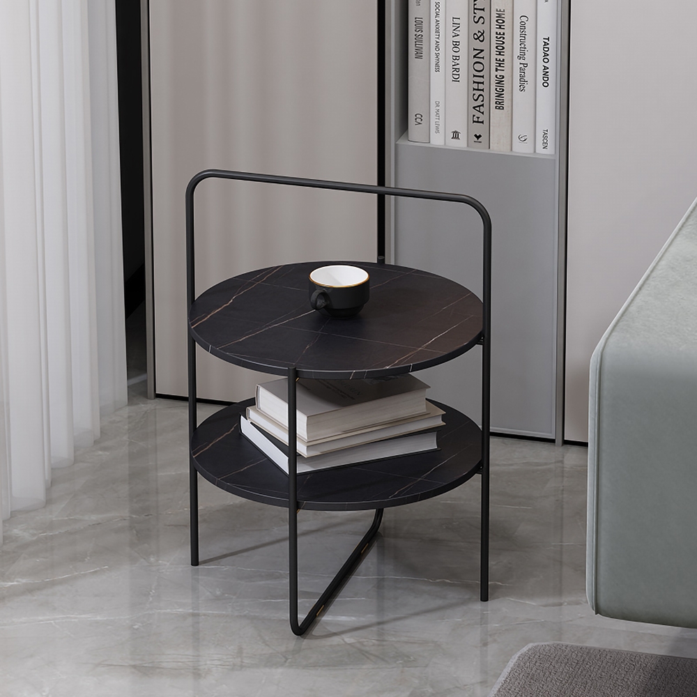 Black Round Side Table Sintered Stone Top with Shelves End Table Metal window image