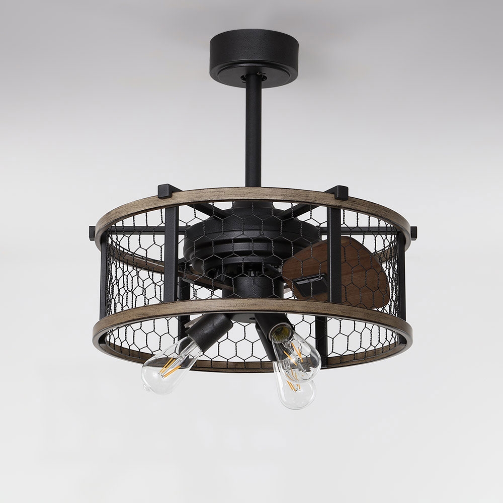 Farmhouse Rustic Reversible Ceiling Fan with Lights 3-Blade Wire Drum Semi Flush Mount Ceiling Fan with Remote window image