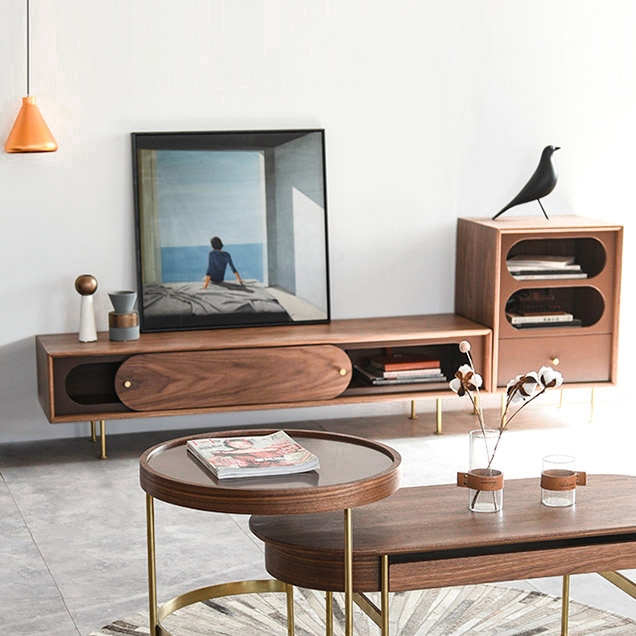 Rustic 72" Wood TV Stand with Storage Rectangular Media Cosole with Sliding Door in Walnut & Brass window image