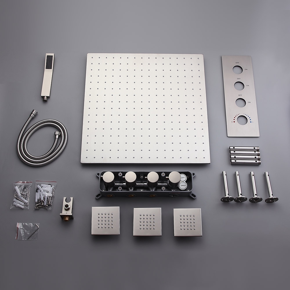 Modern Rain Thermostatic Brushed Nickel Shower Tap Flush Mount Shower System with Hand Shower & Body Jets Solid Brass window image