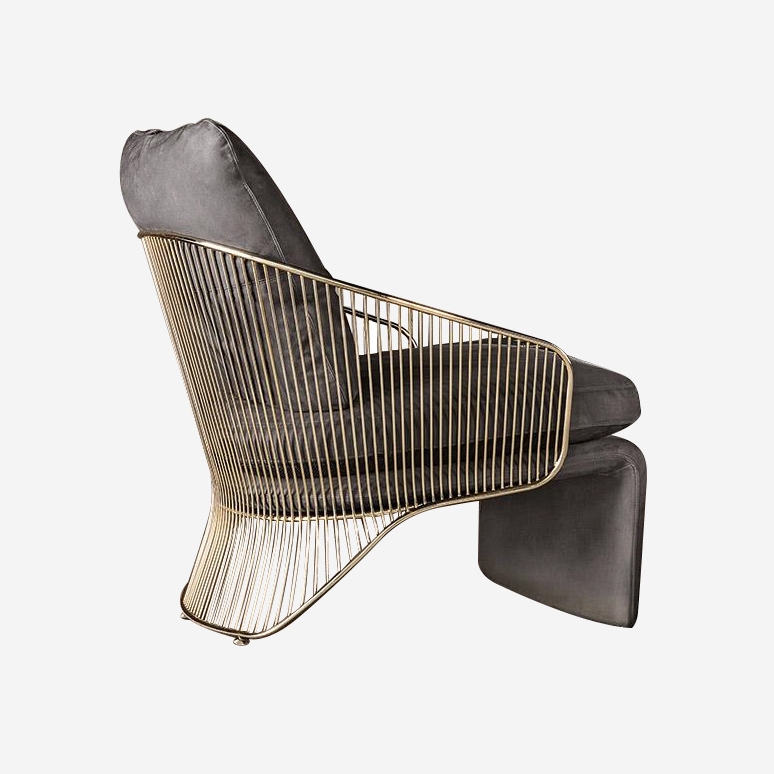 Mid-century Gray Velvet Accent Chair Upholstered Armchair Gold Stainless Steel Frame with Pillow Back window image
