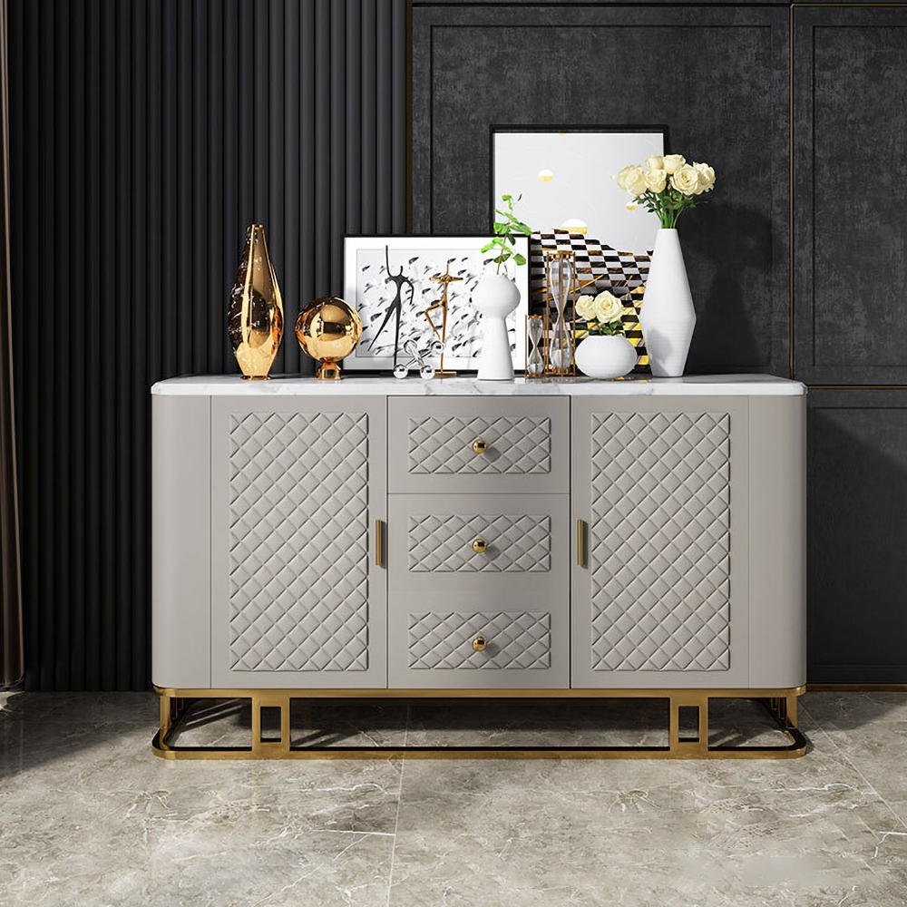 Contemporary Sideboard Buffet Faux Marble Top Kitchen Sideboard Faux Leather Upholstery window image
