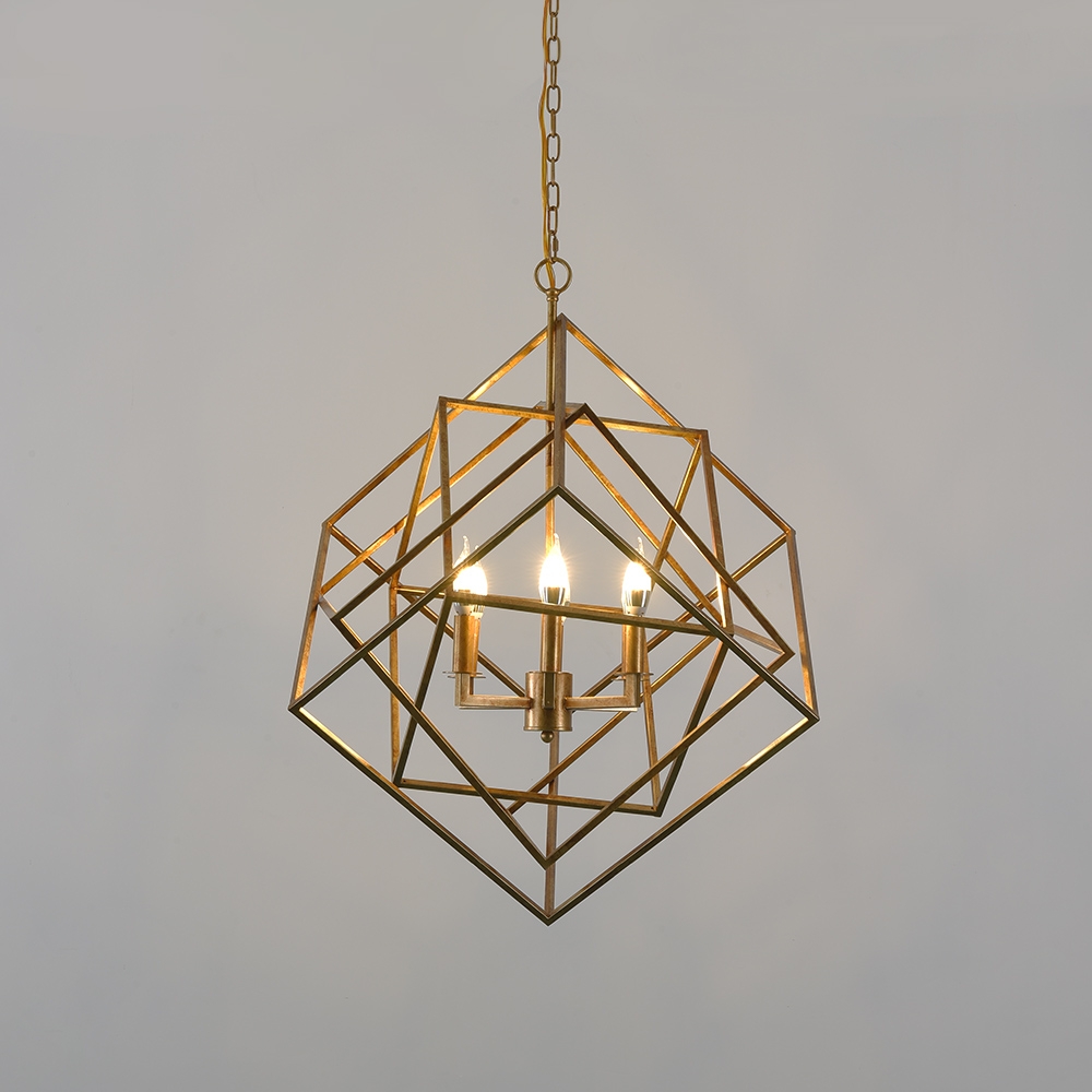 Modern Mid-Century Square Geometric Candle Chandelier 6-Light Antique Gold Ceiling Light window image