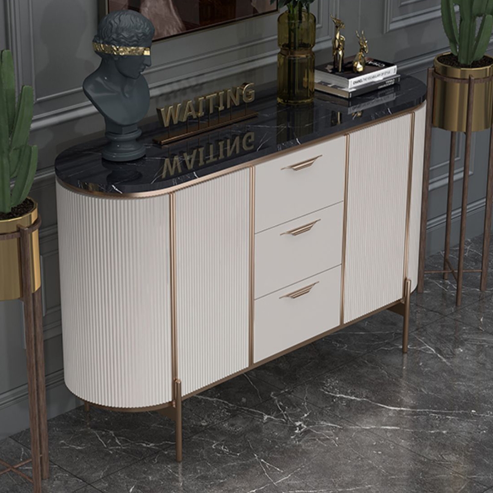 55" Modern Sideboard Buffet Black Faux Marble Top with Doors & Drawers Gold Finish window image