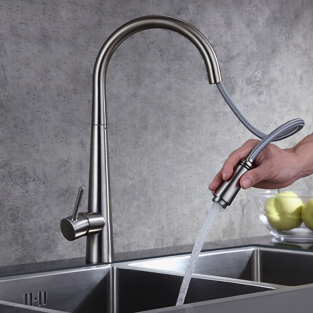 Rubinetto da cucina a spruzzo estraibile con maniglia singola Opula in nichel spazzolato Immagine della finestra
