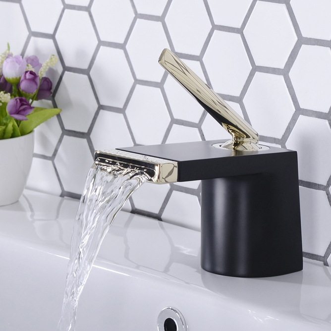 Contemporary Waterfall Spout Single Hole 1-Handle Bathroom Sink Faucet Solid Brass in Black & Gold window image