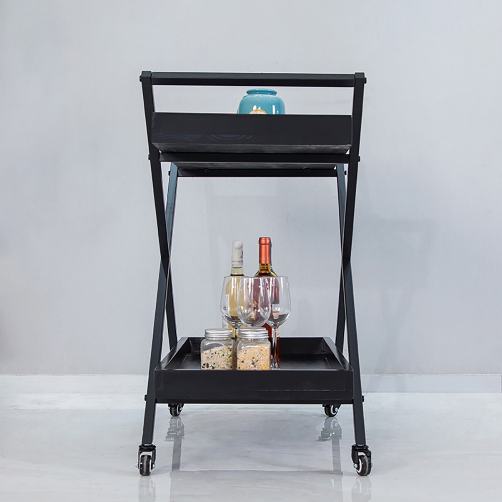 23.6" 2-Tier Rolling Serving Bar Cart with Handle X Frame Black Metal window image