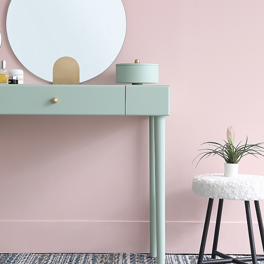 Moderne groene make-up kaptafel met lade en opbergdoos inclusief spiegel Vensterafbeelding