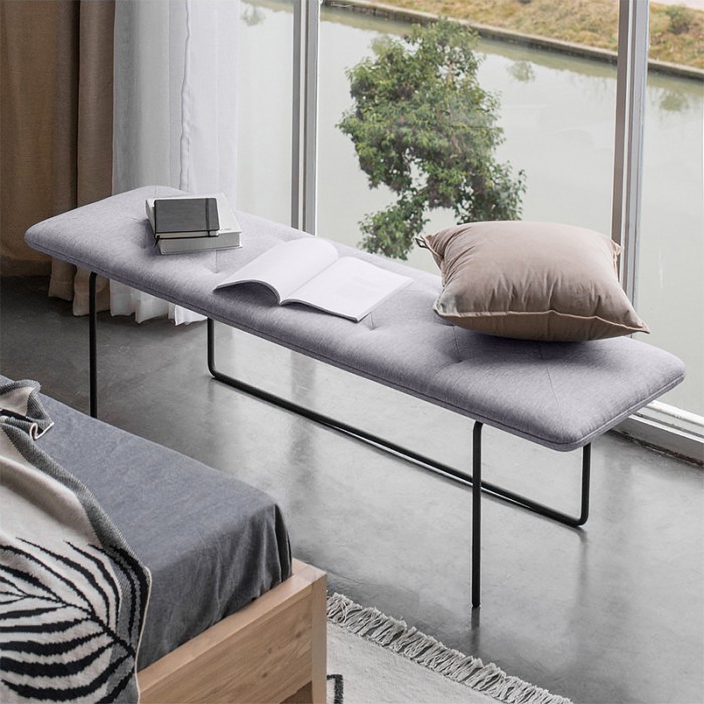 Gray Tufted Bench Upholstered Linen Bench for End of Bed window image