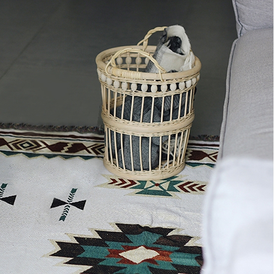 French Country Style Wood Bead Hollow Out Weave Rattan Storage Basket with Double Handles Cylindric Laundry Hamper in Beige window image