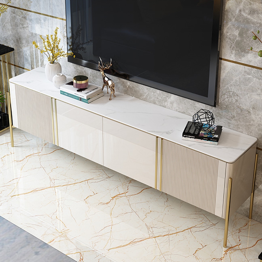 Off White Modern TV Stand with 4 Doors & 2 Shelves for TVs up to 80" in Gold window image