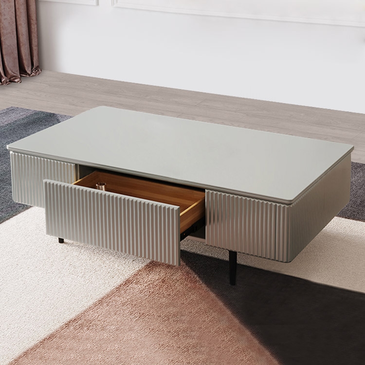 Gray Rectangular Storage Coffee Table with Drawers Tempered Glass Tabletop Metal Legs window image