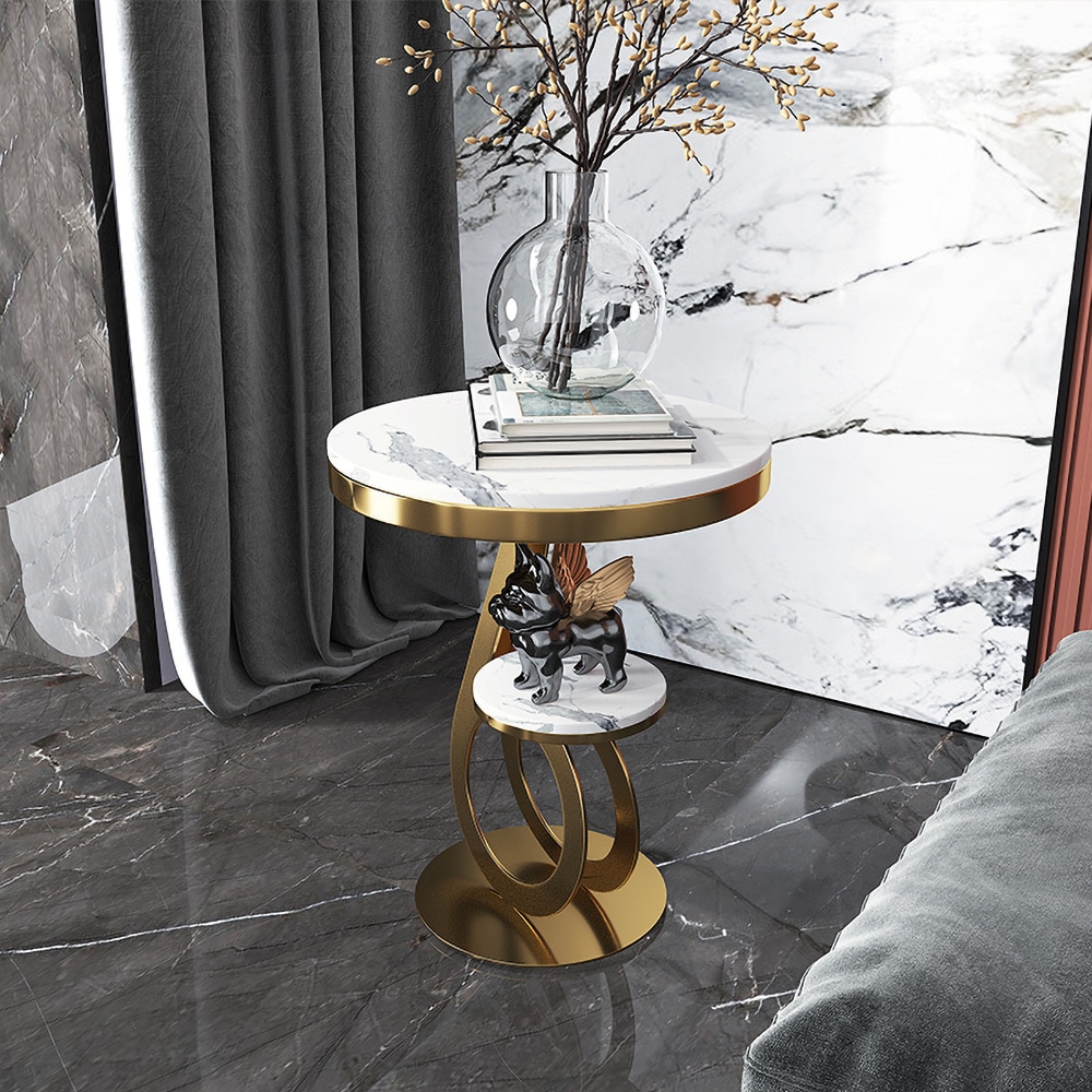 Gold 2-Tiered Round Side Table with Storage Marble Top End Table window image
