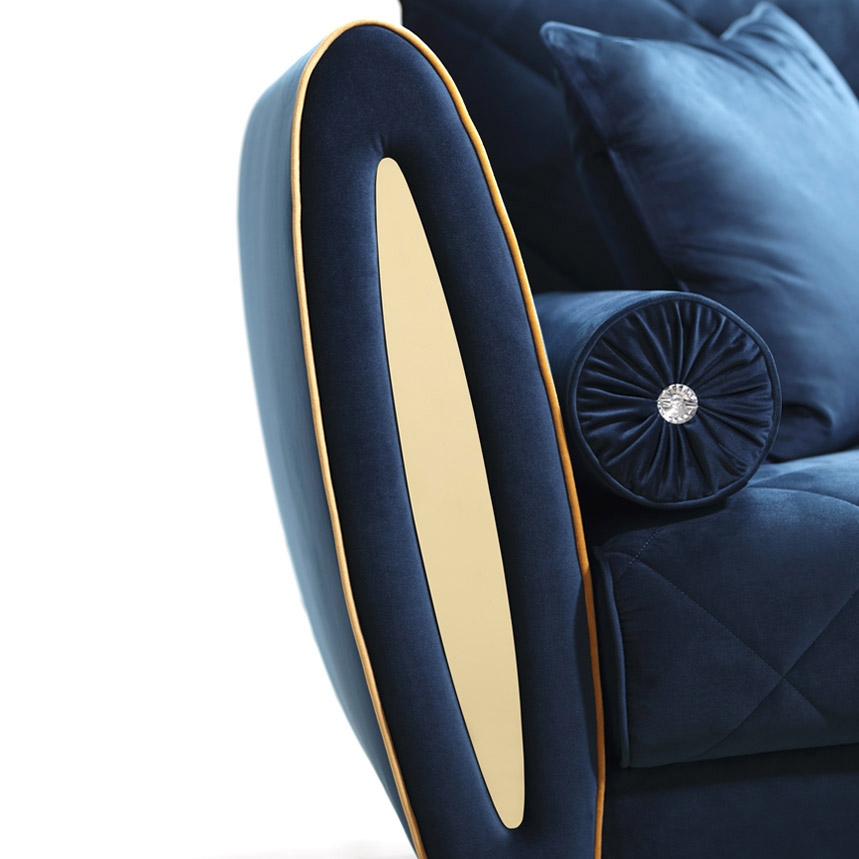 Modern Blue Velvet Upholstered Sofa 3-Seater Sofa Luxury Sofa with Pillows Solid Wood Frame Gold Legs window image