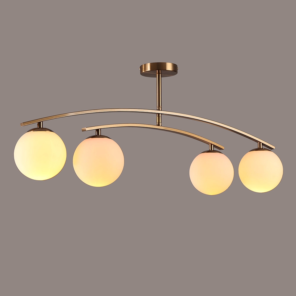 Modern 4-Light White Glass Globe Brass Metal Semi Flush Mount Ceiling Light Fixture window image