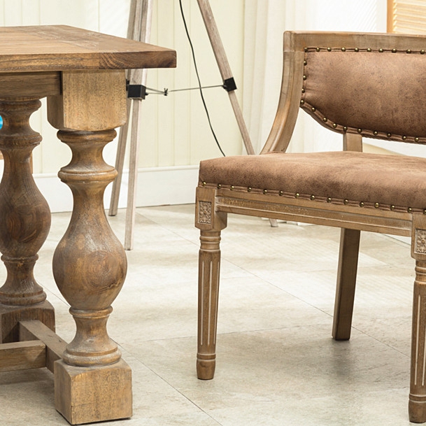 Vintage Rustic Style Solid Wood Rectangular Oak Medium Dining Table with Sculptured Legs & Beam Support window image