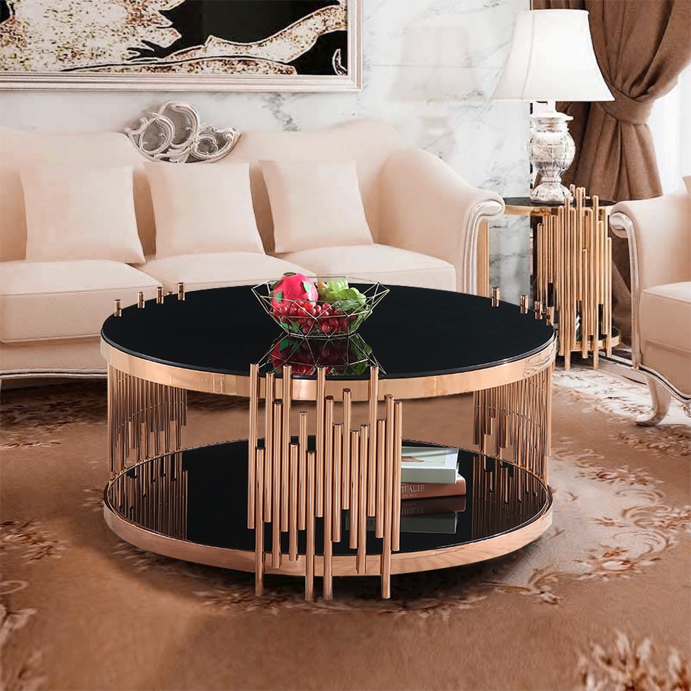 Black Modern Round Coffee Table Glass Top with Storage window image