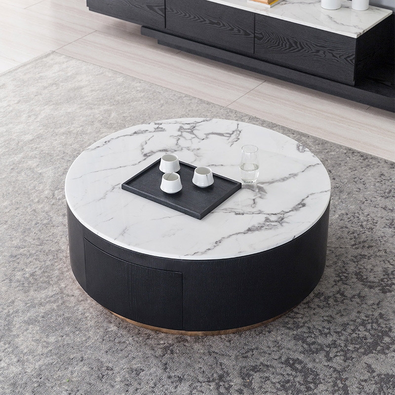 Modern Round White and Black Storage Coffee Table with Drawer & Faux Marble Top Stainless Steel Base window image