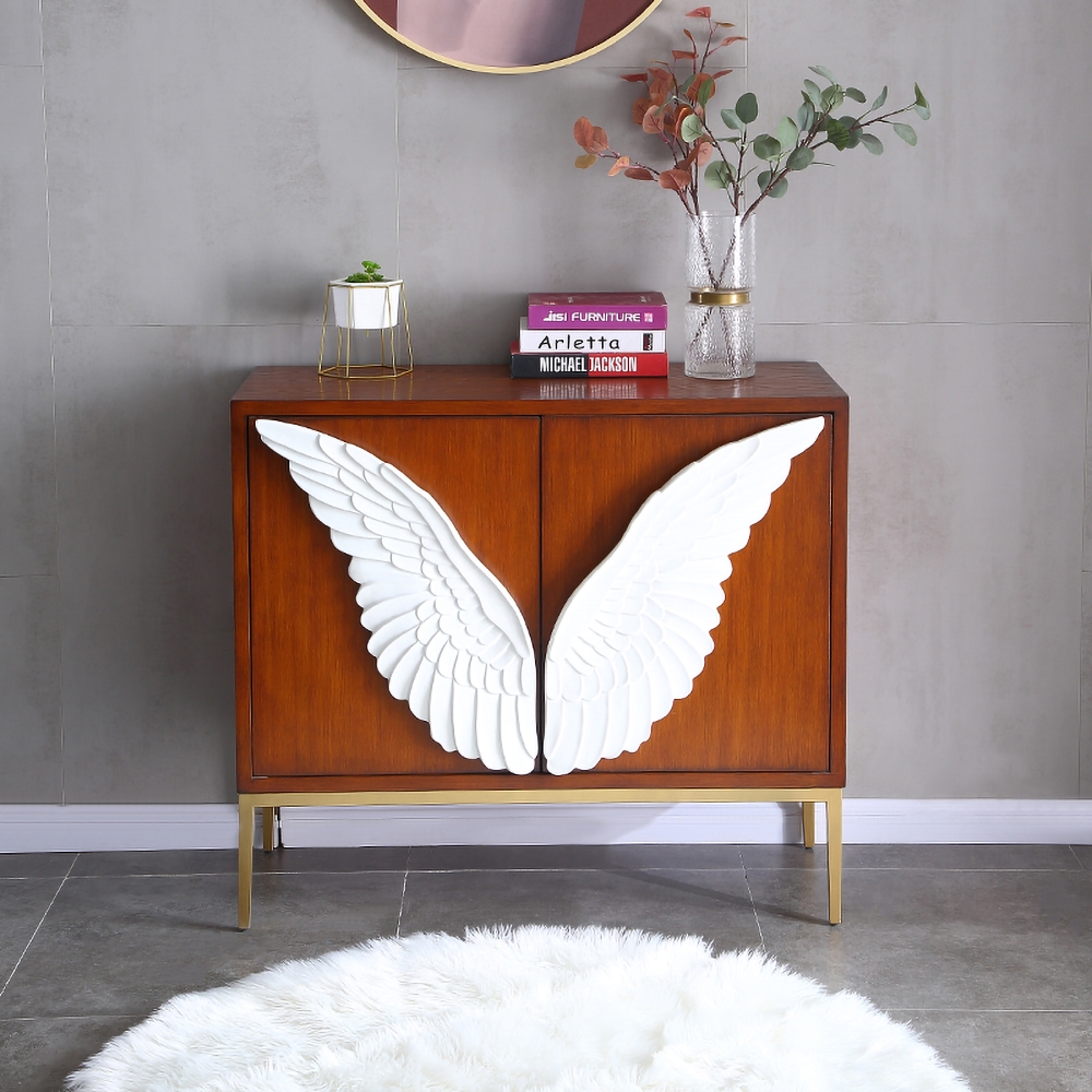 Modern Walnut&White Cabinet Feathered Rectangular Kitchen Cabinet with 2 Interior Shelves and Doors Stainless Steel window image