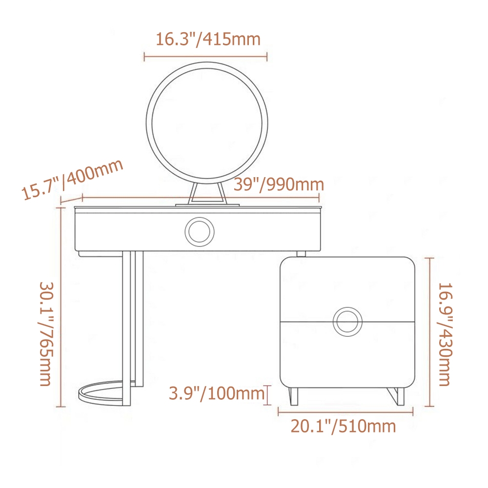 Modern White Makeup Vanity with Side Cabinet Dressing Table with Drawers Gold Stainless Steel Mirror&Stool not Included window image