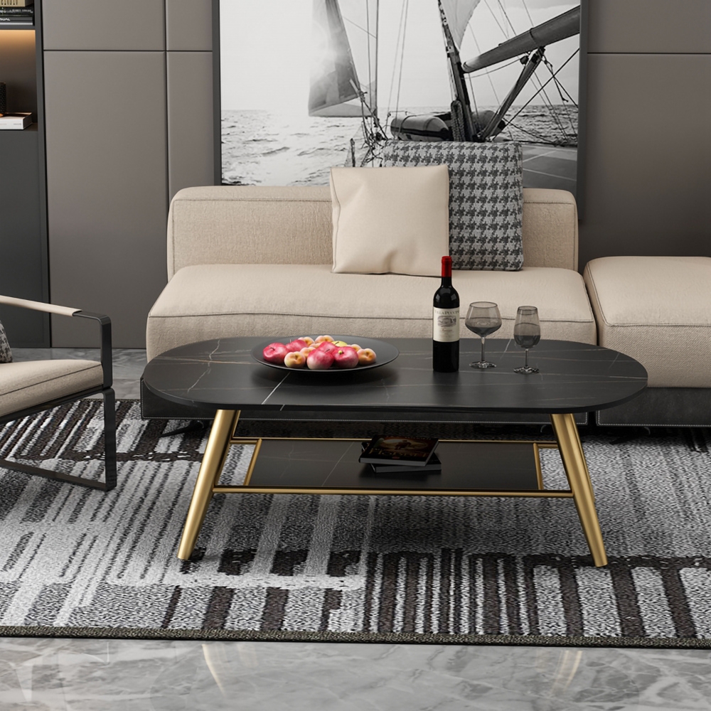 Black Coffee Table with Storage Marble Top Metal Frame window image