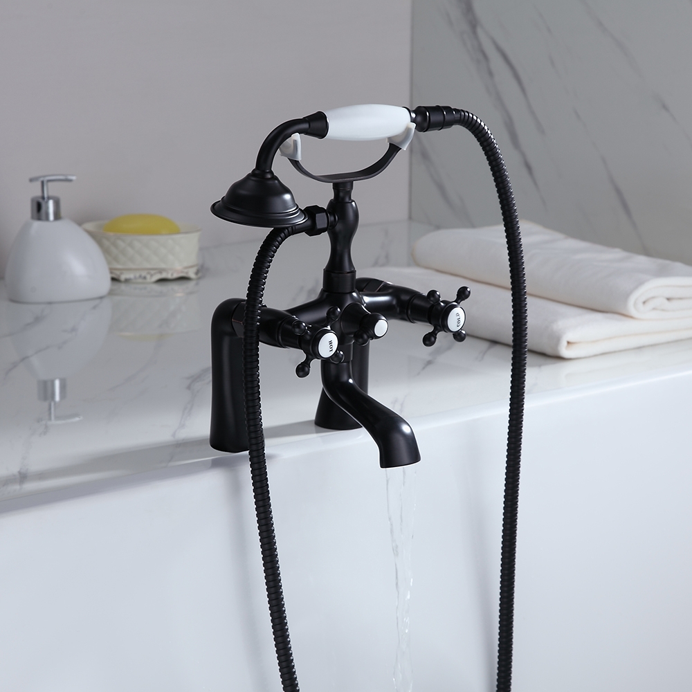 Montag Deck Mounted Waterfall Tub Filler Faucet with Hand Shower Solid Brass in Antique Black window image