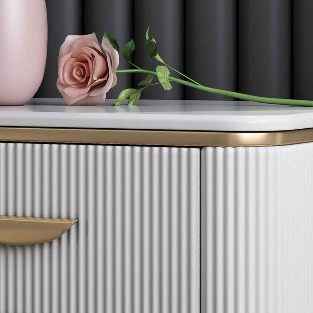 White Nightstand 2 Drawers Faux Marble Top Bedside Cabinet with Gold Pulls window image