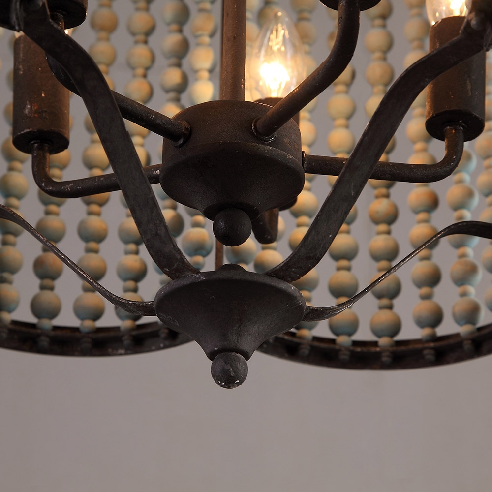 Malia Vintage Rustic 5-Light Distressed Wood Beaded Pendant Light Scalloped Light Metal in Rust