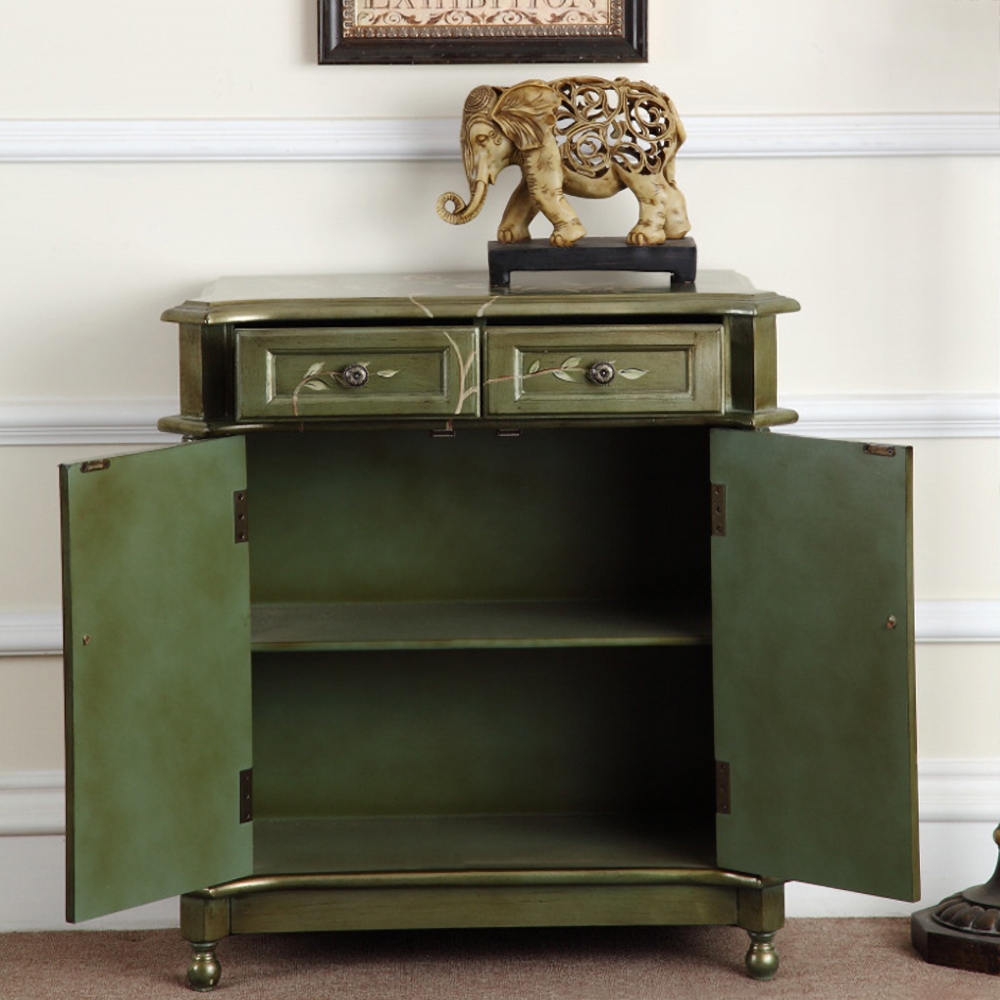 762mm Vintage Distressed Green Sideboard Antique Pulls with 2 Doors 2 Drawers 1 Shelf window image