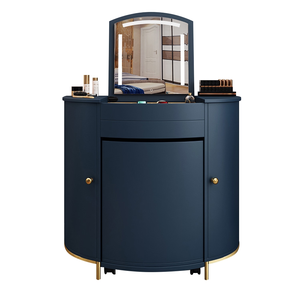 Modern Blue Lighting Makeup Vanity Table with Flip Top Mirror & 2-Door Stool Included window image