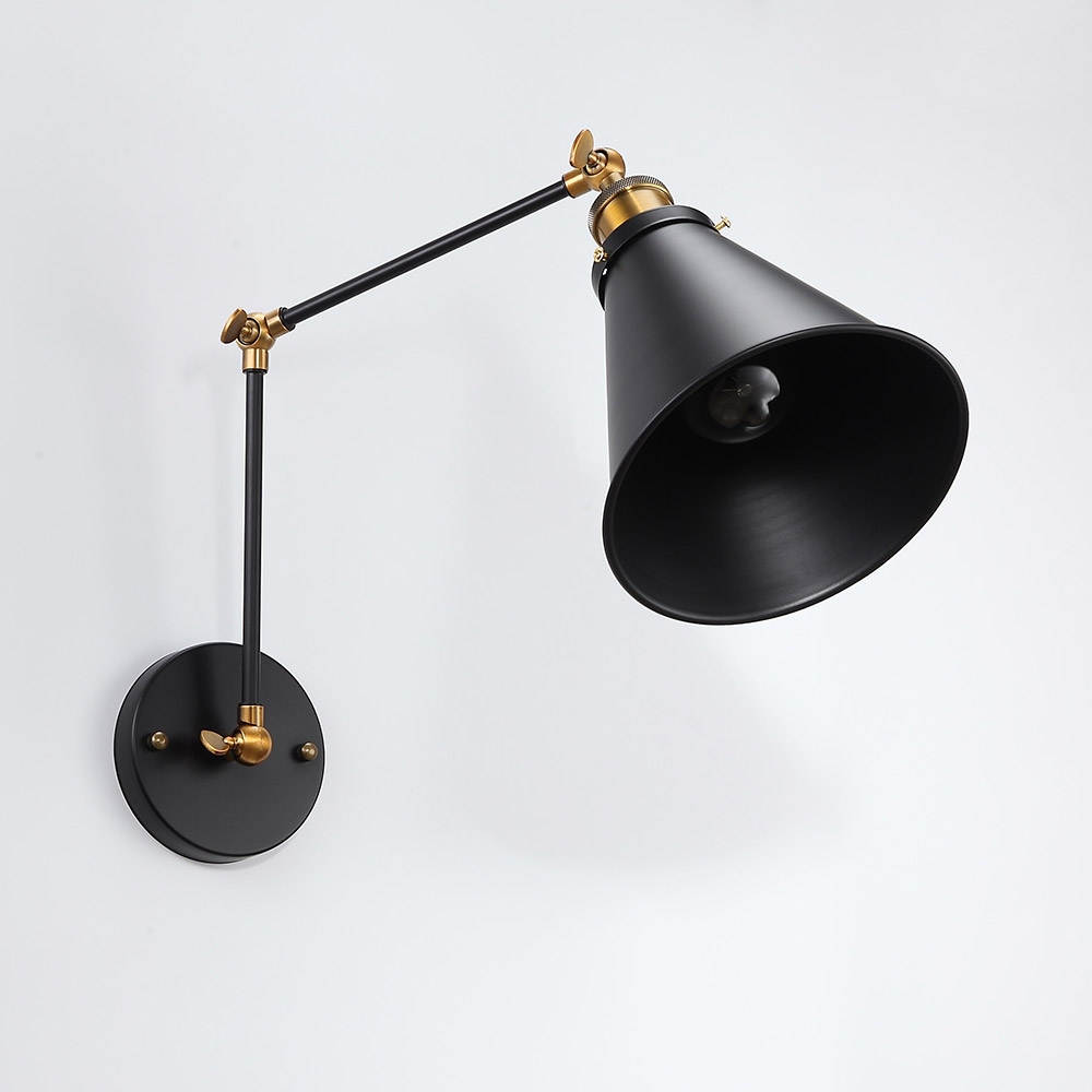 Set Of 2 Vintage Industrial Wall Sconces - Metal Gooseneck Lamps With Plug-In Switch, Black, E26 Socket