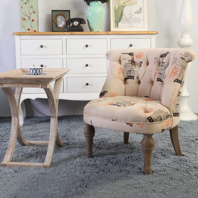 Vintage Linen Upholstered Accent Chair Button Tufted Slipper Chair window image