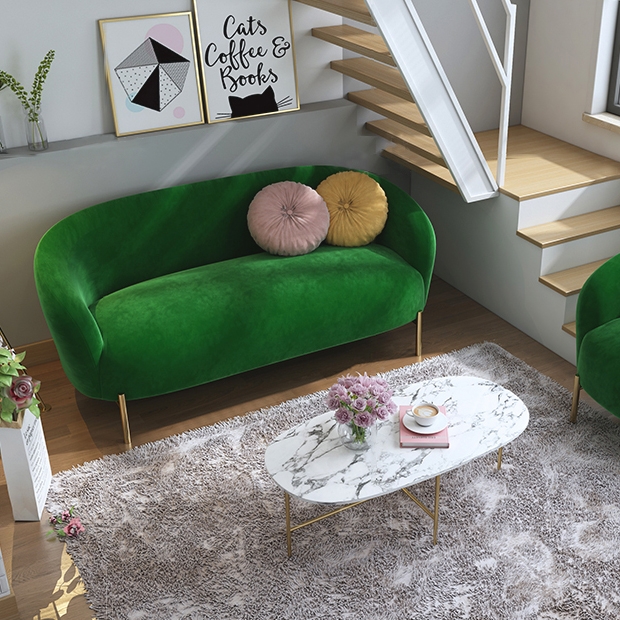 Modern Mid Century 75" Green Velvet Upholstered Sofa 3-Seater Gold Legs Living Romm Sofa Pillows Included window image