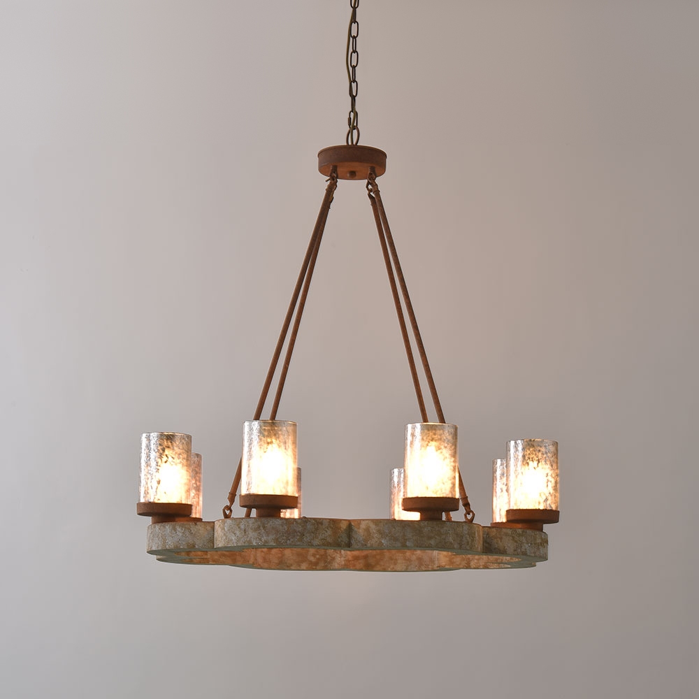 Eolic French Country Antique Mirrored Cylindrical Glass Shade Distressed Wood Frame 8-Light Chandelier Rust Metal window image