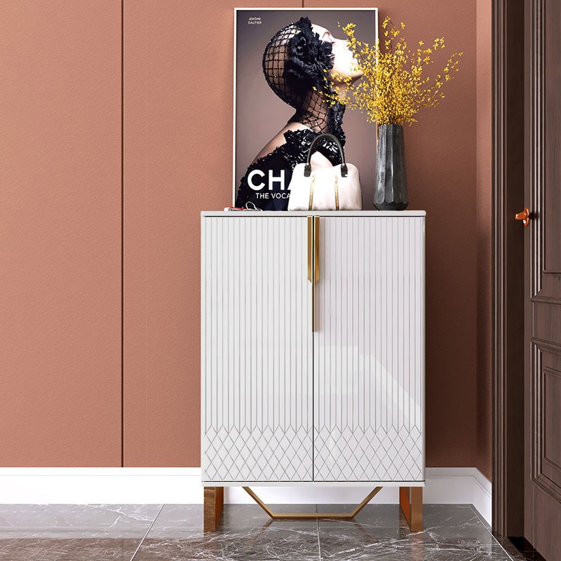 Aro Aro Commode contemporain blanc 2 portes et étagère d'appoint avec acier inoxydable en or image de fenêtre