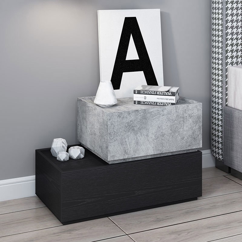 Modern 2-Drawer Nightstand in Overlapped Design Bedside Table in Black & Gray window image
