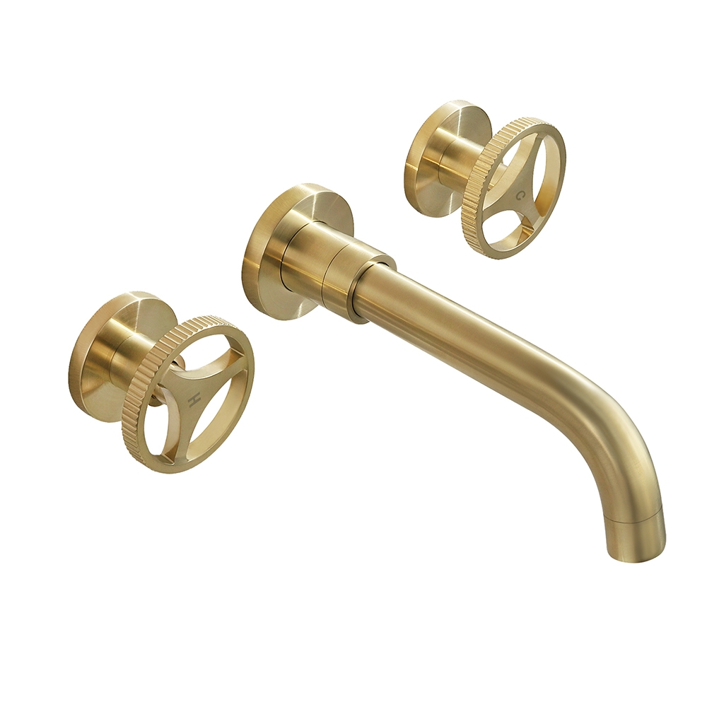 Ave Industrial Wall Mount Bathroom Sink Faucet Brushed Gold 2 Wheel Handles Solid Brass window image